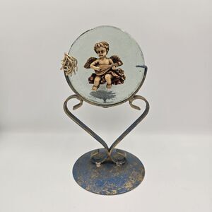 Vintage Angel Candle Holder Handmade Cherub Round Hand Blown Glass Metal Frame